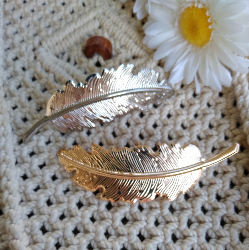 Feather hair clips barrettes silver gold leaf boho
